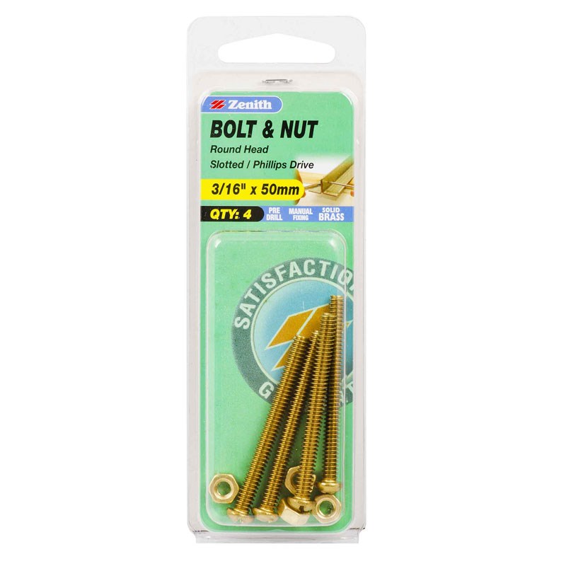 Brass Round Head Bolt And Nut 316 X 50mm 4 Pack